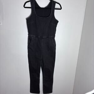 Free People Black Denim Jumpsuit Size 8 Stretch Side Zip Square Neck Overall